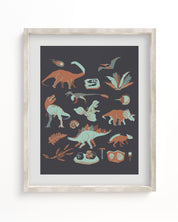 A Cognitive Surplus framed art print of Retro Dinosaurs Museum Print in a black frame.