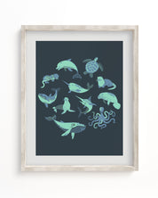 A Cognitive Surplus Retro Marine Life Museum Print with sea animals on a dark background.