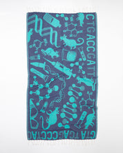 A blue and turquoise Lab Science Turkish Towel with a design on it from Cognitive Surplus.
