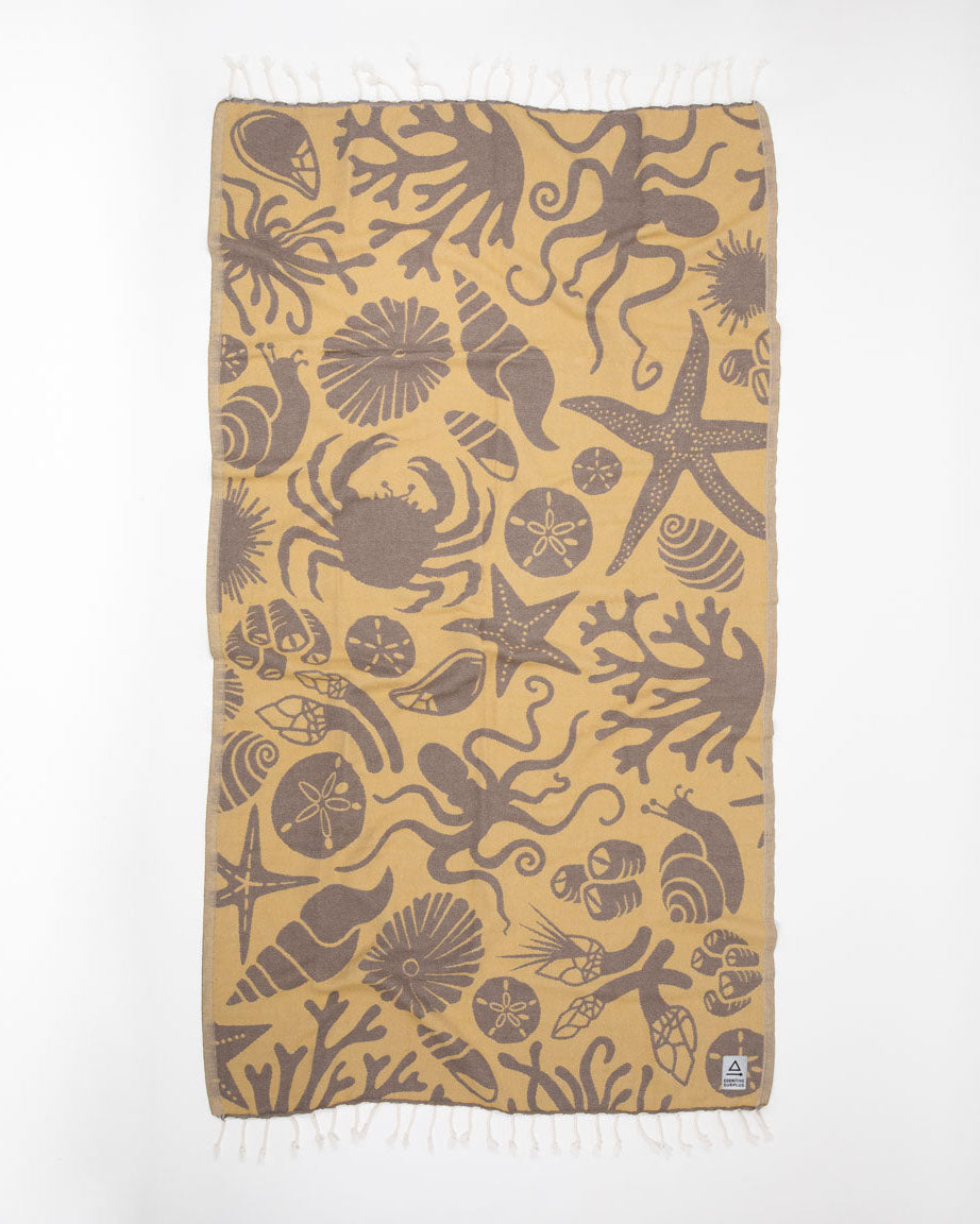 A Cognitive Surplus Tide Pool Turkish Towel with octopus and other sea creatures on it.