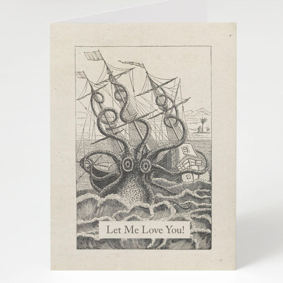 A Let Me Love You! Octopus Card with an illustration of an octopus and a ship, by Cognitive Surplus.