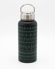 A Cognitive Surplus Heartbeat 32 oz Steel Bottle with an ecg pattern on it.