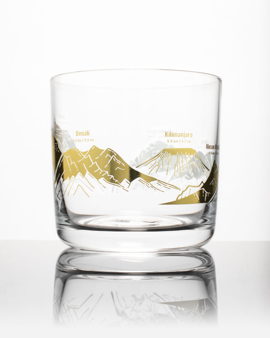A SECONDS: Mountain Peaks of the World Whiskey Glass with a Cognitive Surplus design on it.