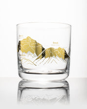 A SECONDS: Mountain Peaks of the World Whiskey Glass with gold rim, manufactured by Cognitive Surplus.