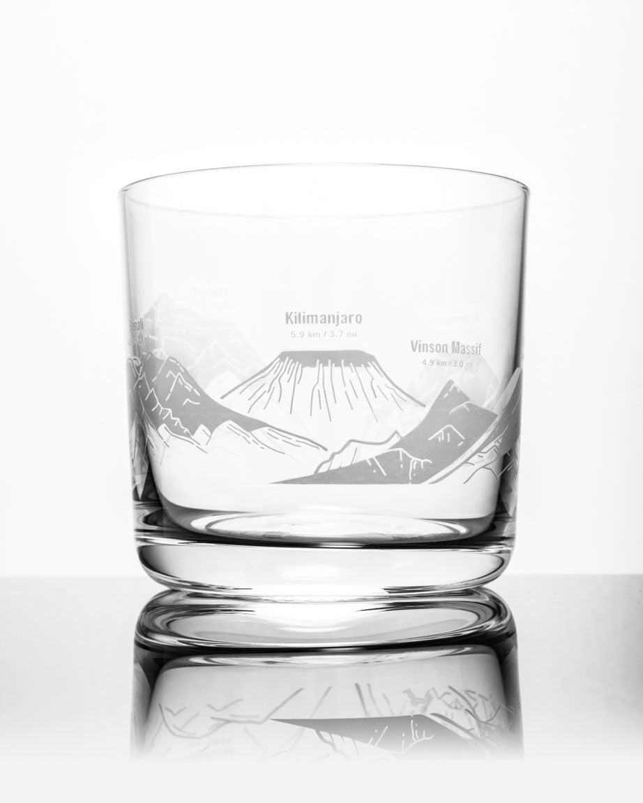A SECONDS: Mountain Peaks of the World Whiskey Glass with mountains engraved on it, made by Cognitive Surplus.