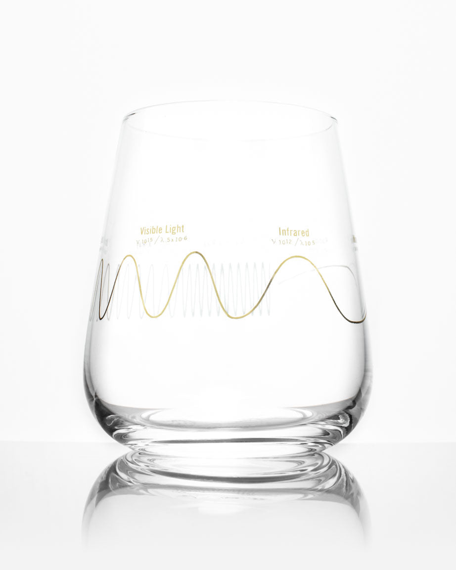 A SECONDS: Electromagnetic Spectrum Wine Glass with a gold wave pattern on it from Cognitive Surplus.