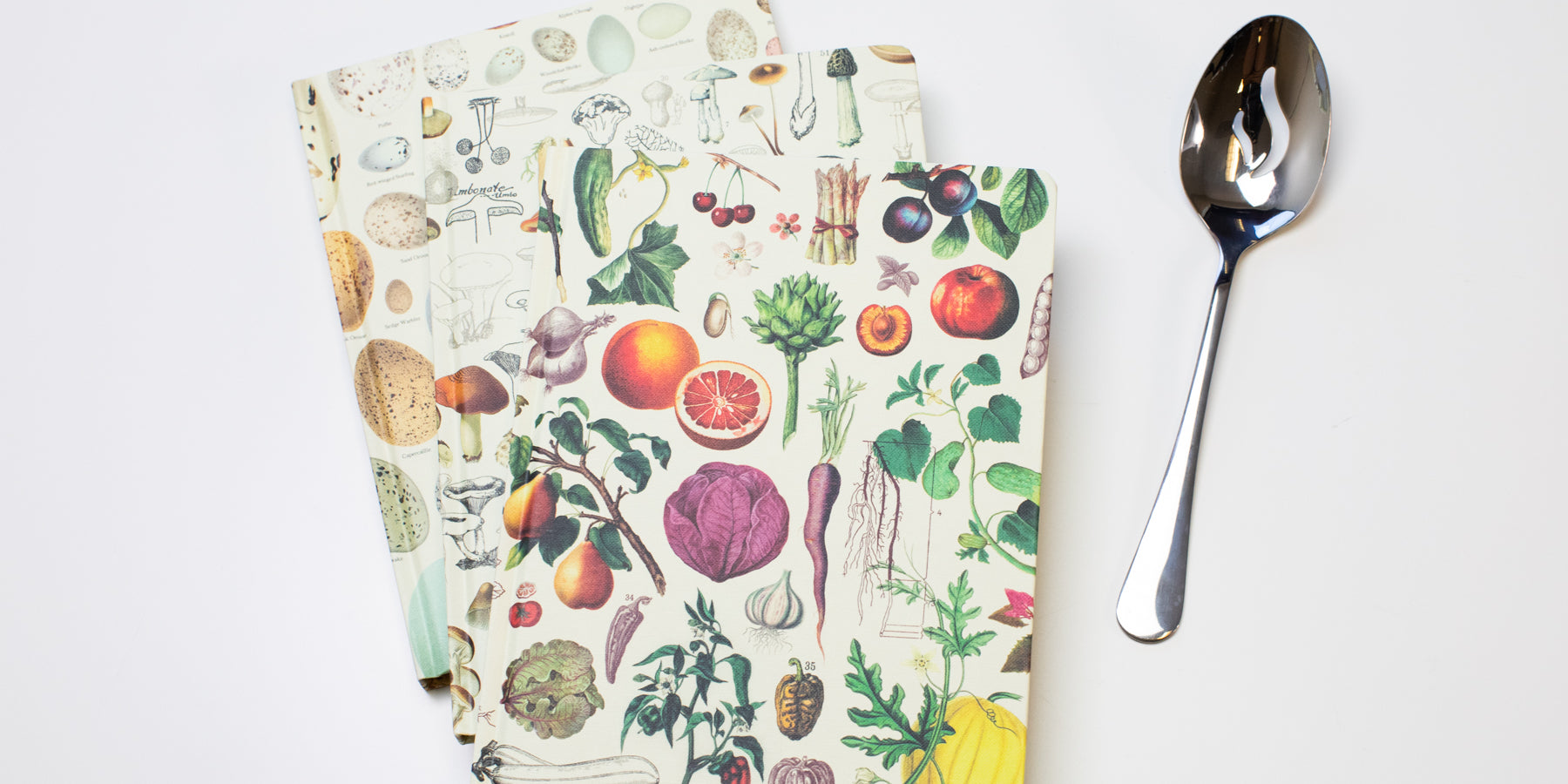 Two notebooks with botanical illustrations on their covers are placed next to a metal spoon on a white surface.