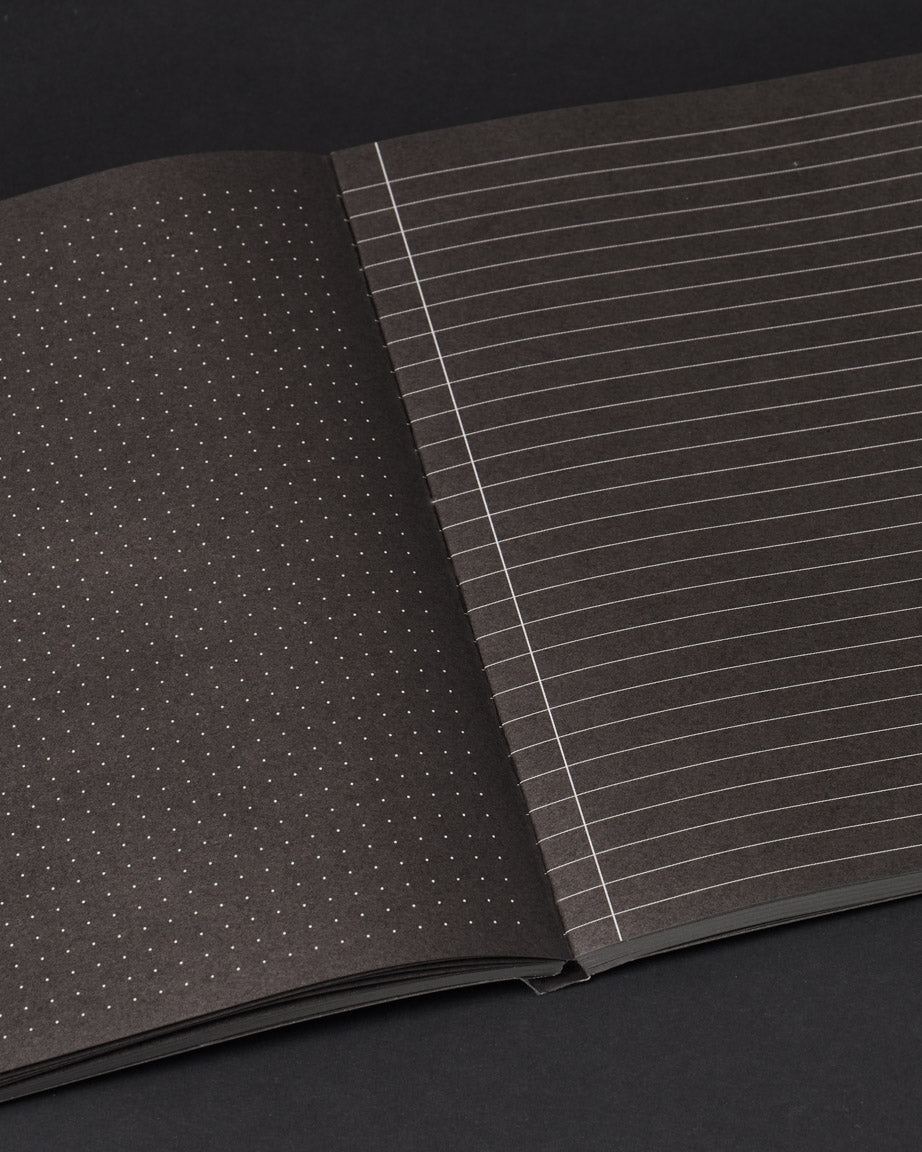 Black notebook open to two pages: the left page is dotted, and the right page is lined. The background is black.