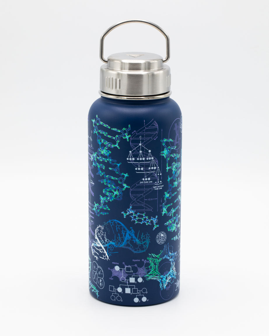 A navy blue water bottle with a silver cap, decorated with turquoise and white scientific illustrations, including DNA strands and molecular structures.