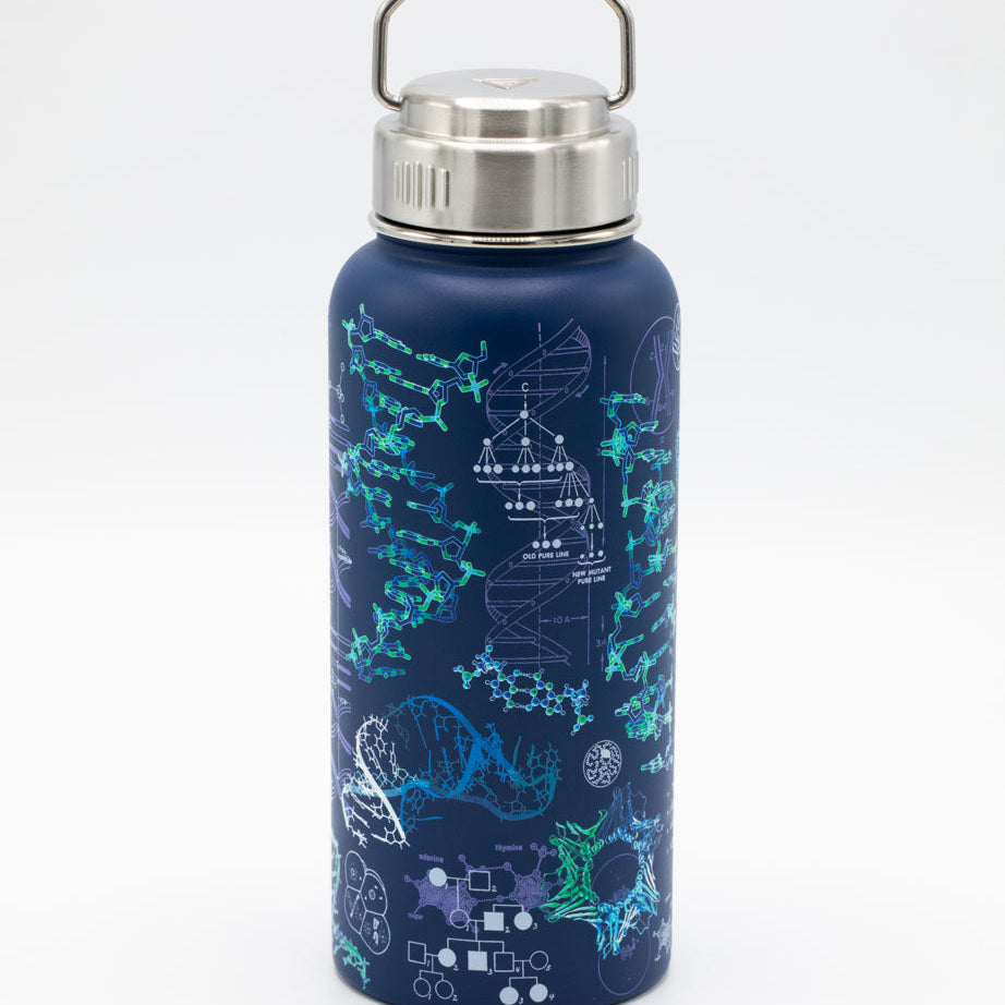 A navy blue water bottle with a silver cap, decorated with turquoise and white scientific illustrations, including DNA strands and molecular structures.