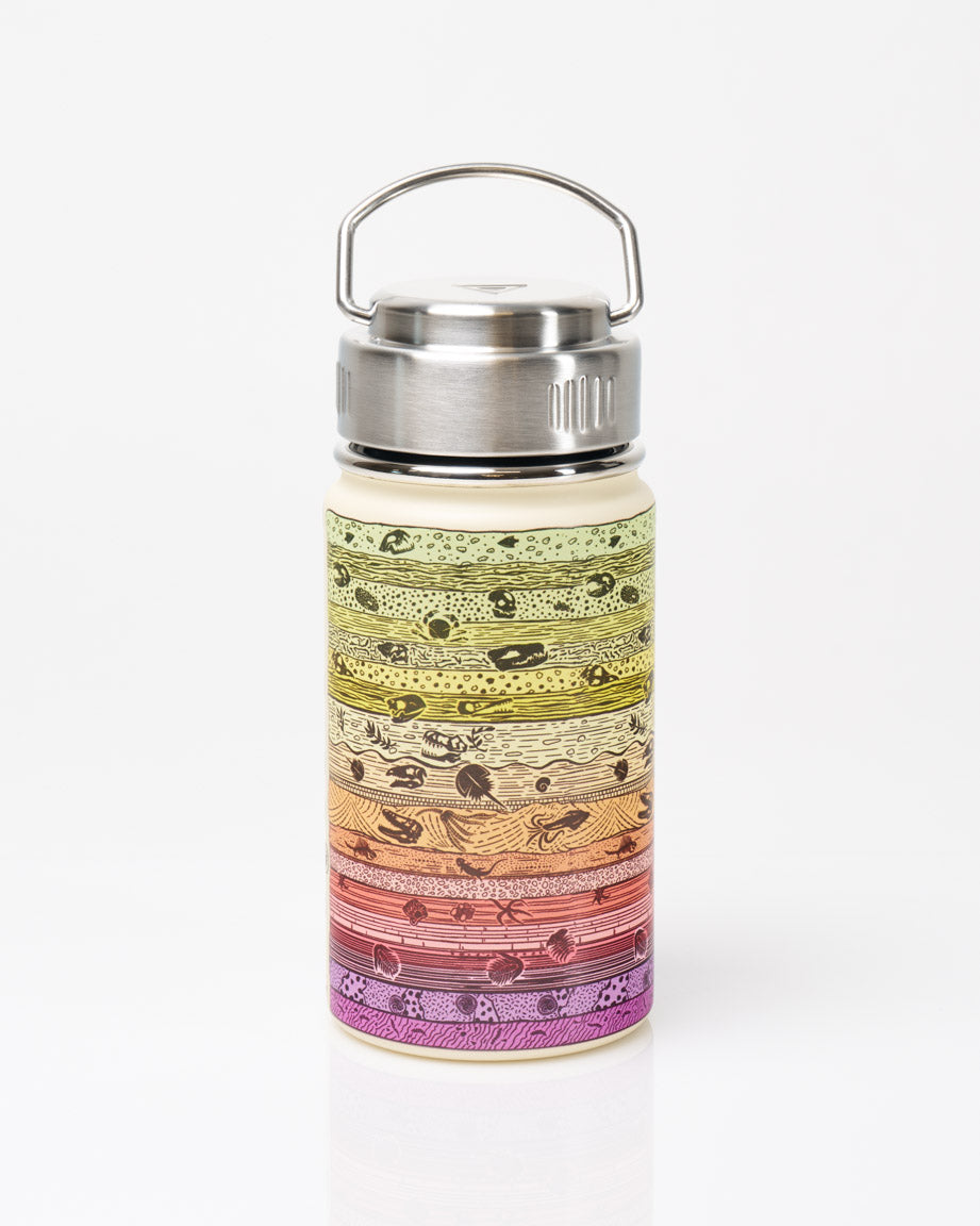 A stainless steel water bottle with a rainbow-colored design featuring musical notes and instruments.