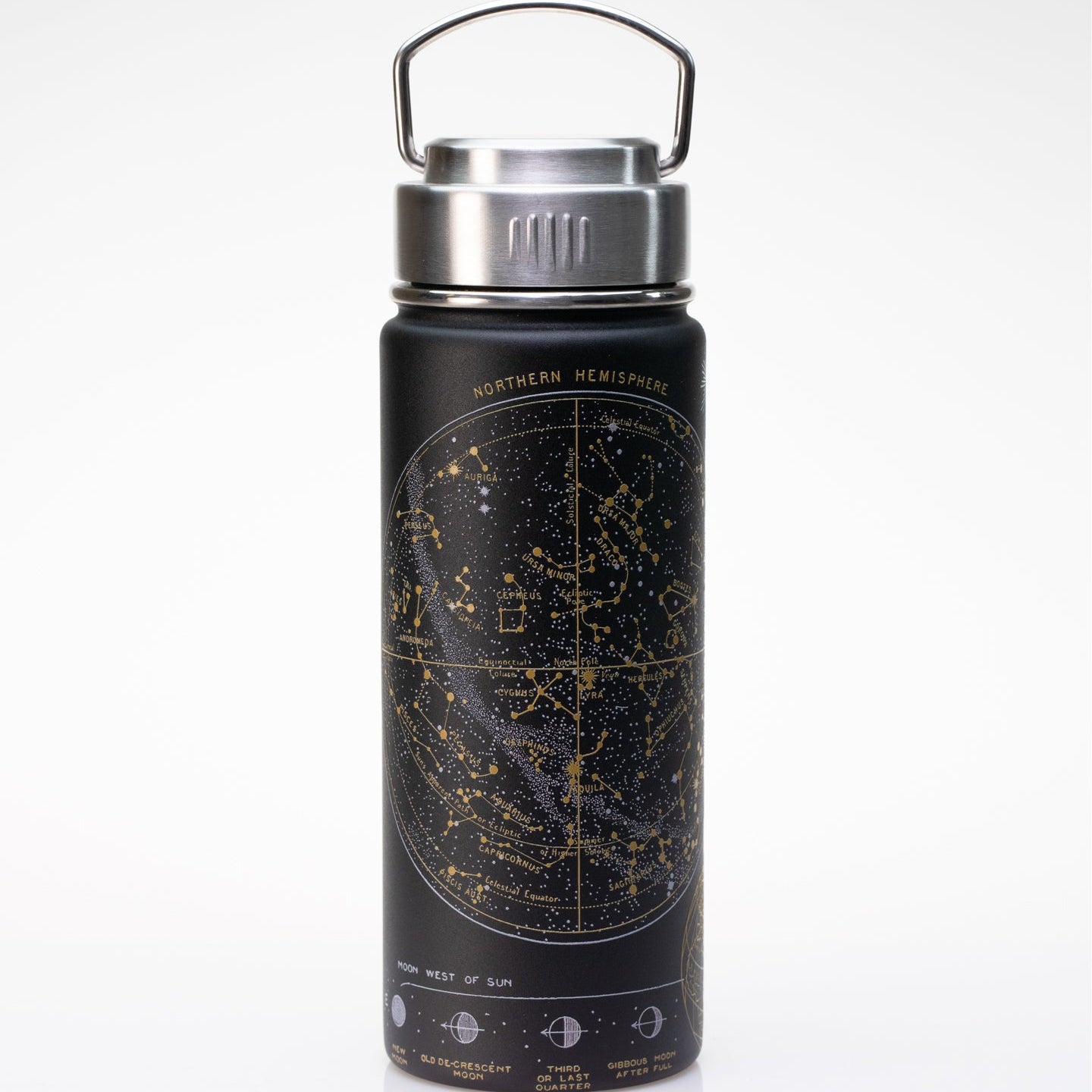 A black water bottle with a silver screw cap and a star map design labeled &quot;Northern Hemisphere.