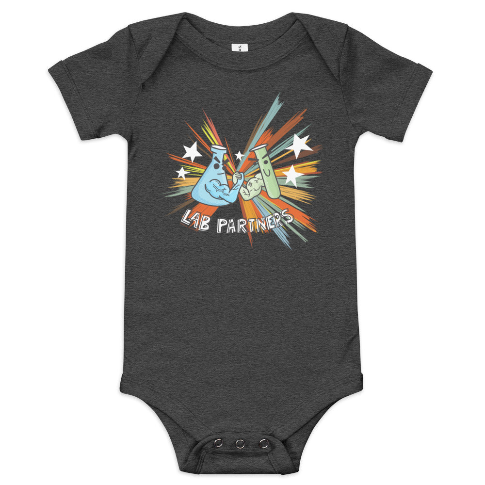 Gray baby onesie with a colorful graphic of laboratory beakers high-fiving, surrounded by stars, and the text &quot;Lab Partners.