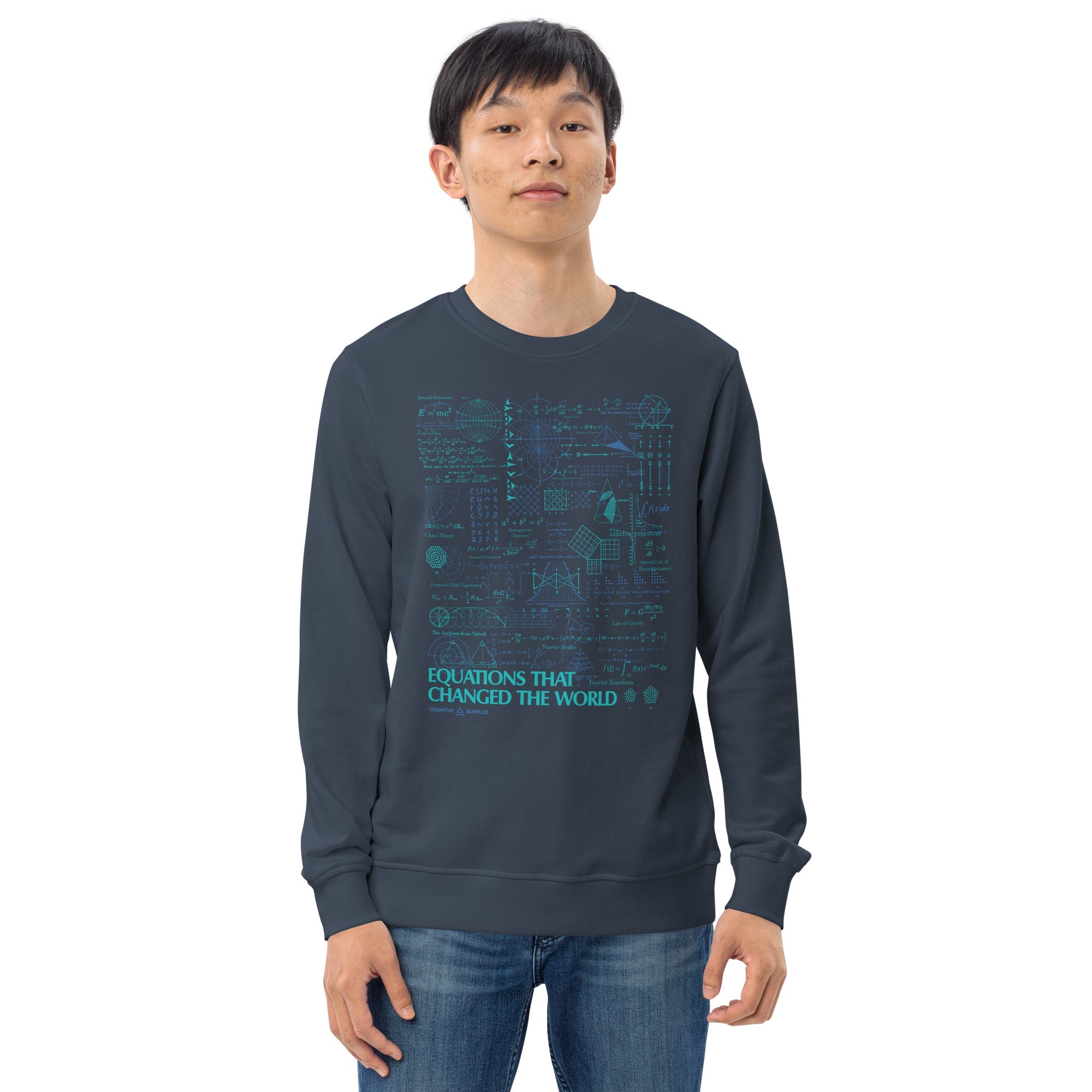 Person wearing a navy sweatshirt with the text &quot;Equations That Changed The World&quot; and mathematical diagrams printed in blue.