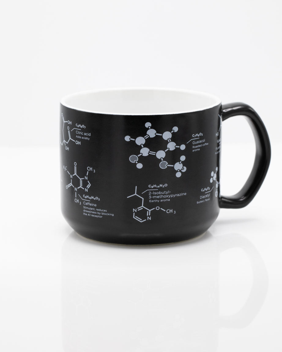 A SECONDS: Coffee Chemistry 15 oz Ceramic Mug by Cognitive Surplus with a diagram of chemical molecules on it.