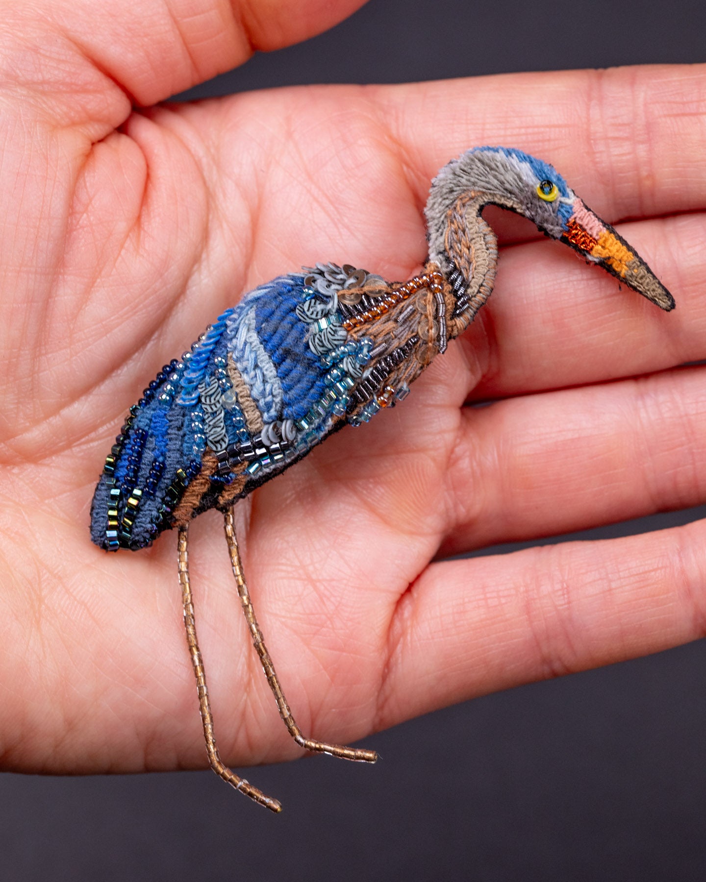 Great Blue Heron Beaded Brooch Pin