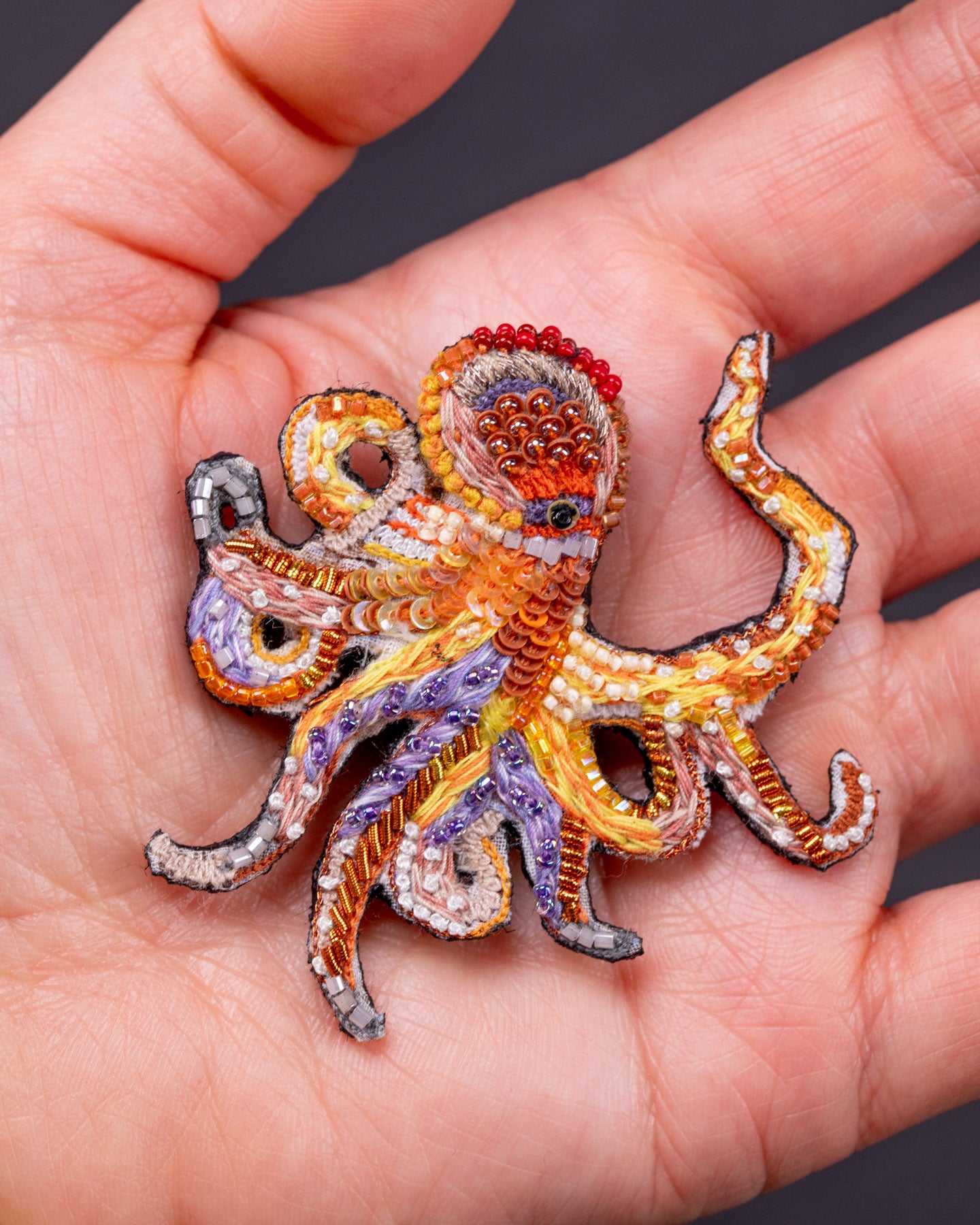Giant Pacific Octopus Beaded Brooch Pin