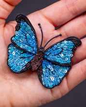 Blue Morpho Butterfly Beaded Brooch Pin