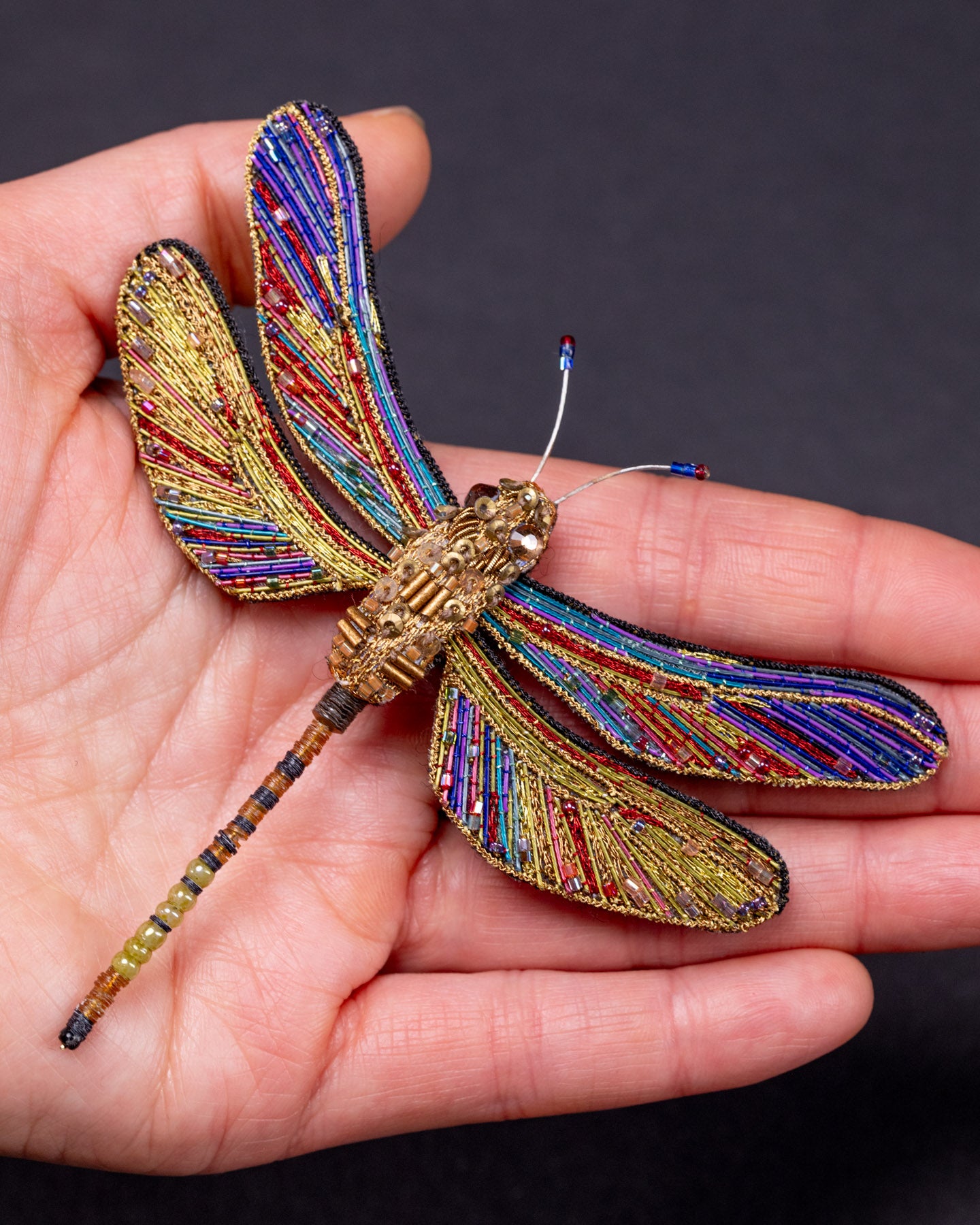 Brown Hawker Dragonfly Beaded Brooch Pin - Trovelore