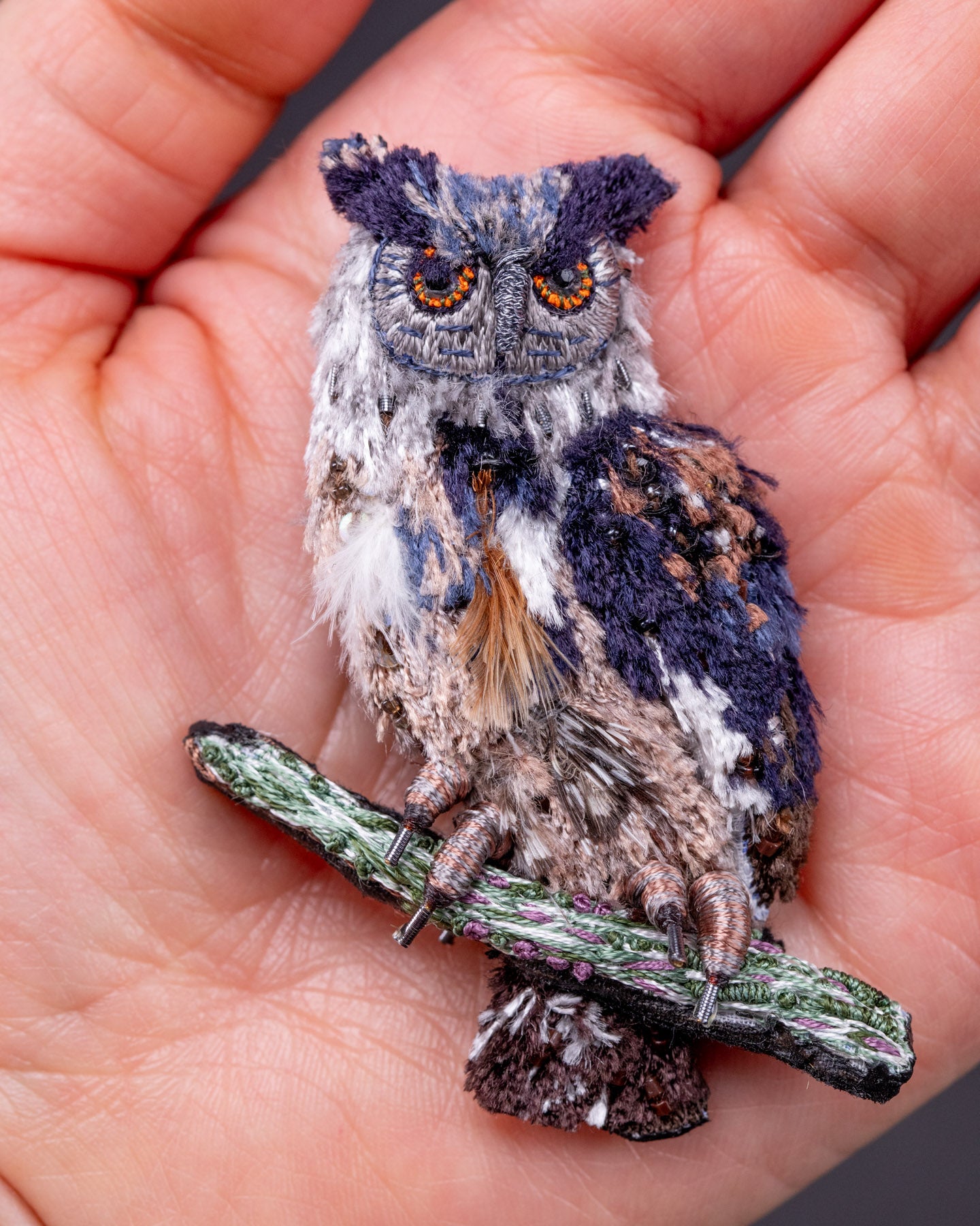 Eurasian Eagle-Owl Beaded Brooch Pin