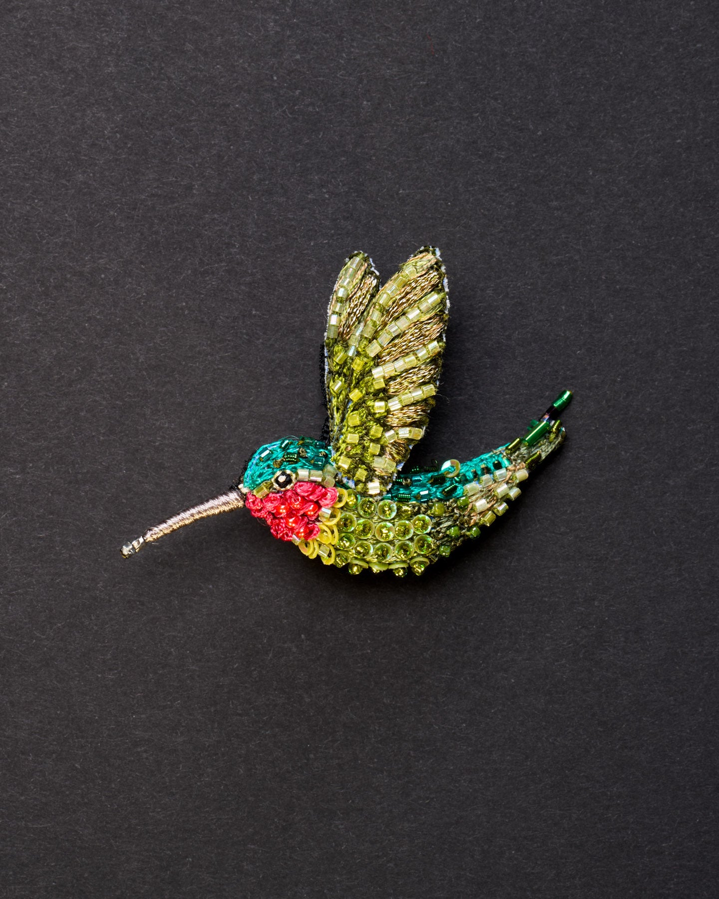 Ruby Throated Hummingbird Beaded Brooch Pin