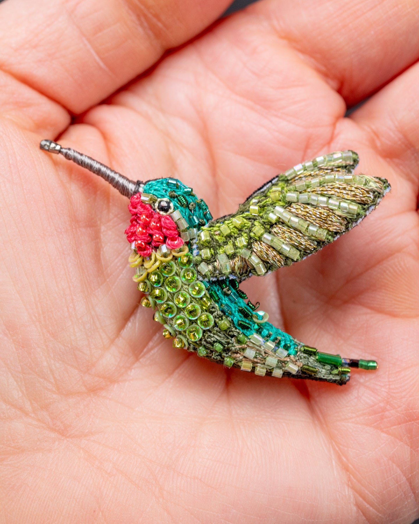 Ruby Throated Hummingbird Beaded Brooch Pin