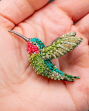 Ruby Throated Hummingbird Beaded Brooch Pin