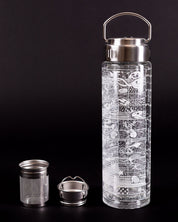 A Cognitive Surplus glass water bottle with a lid and a small container.