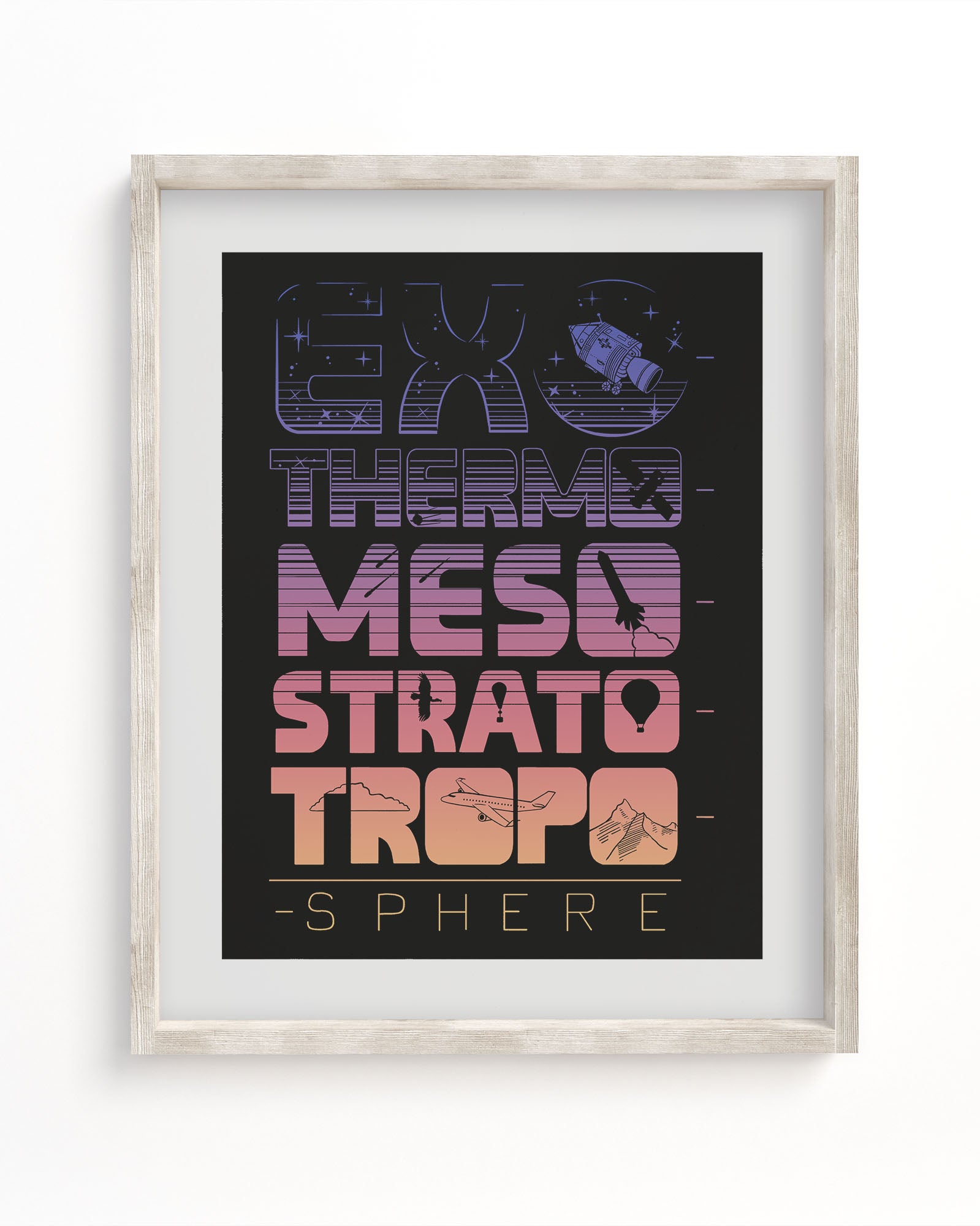 A Cognitive Surplus framed poster with the words "ex strato sphere" featuring the Above the Earth Museum Print.