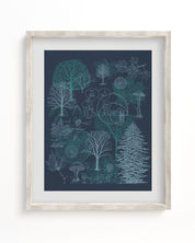 A framed art print of a Forest Scientific Illustration Museum Print from Cognitive Surplus with trees on it.