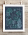 A Forest Scientific Illustration Museum Print of trees on a Cognitive Surplus wooden hanger.