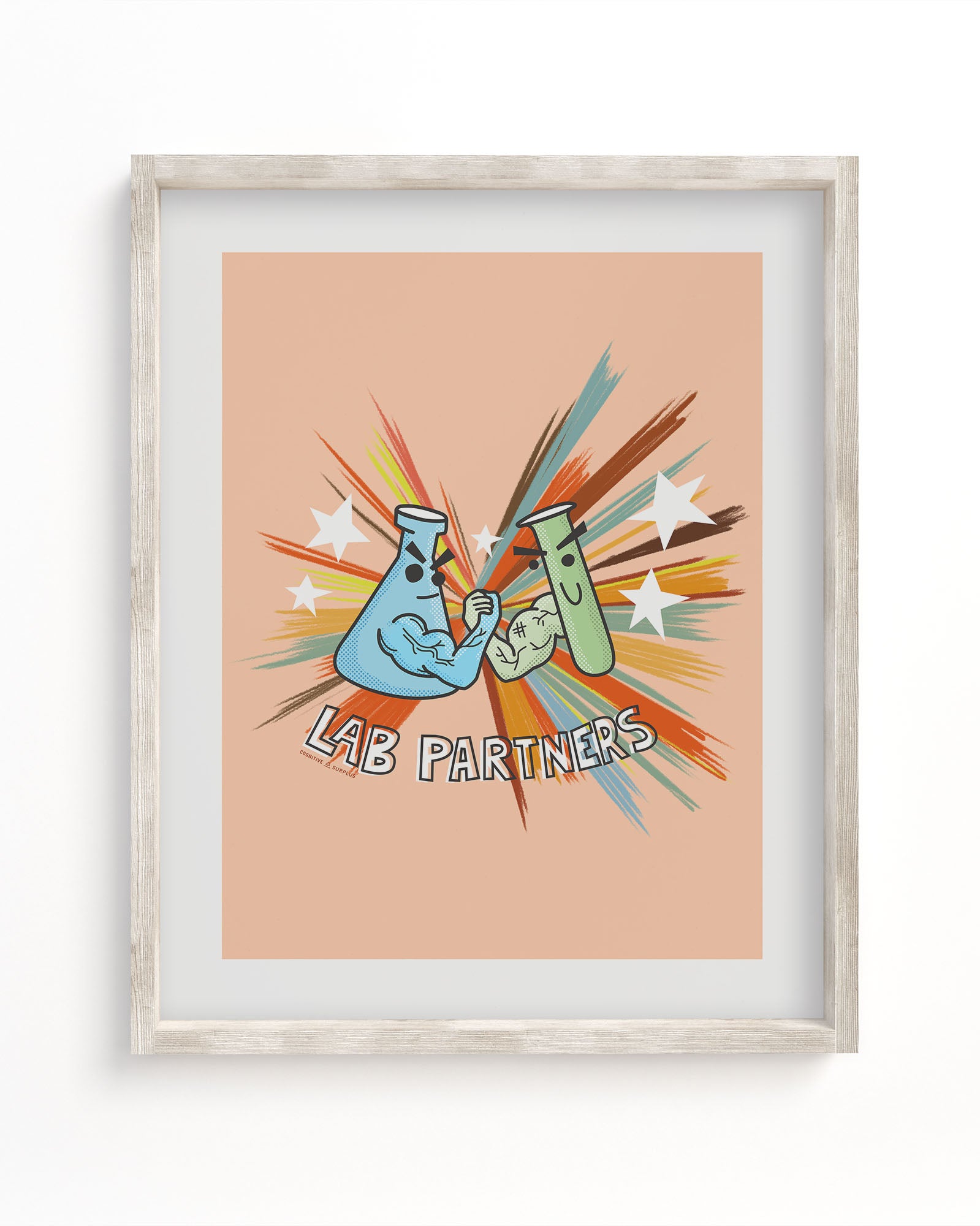 A framed art print of a pair of chemistry beakers called the Lab Partners Museum Print by Cognitive Surplus.
