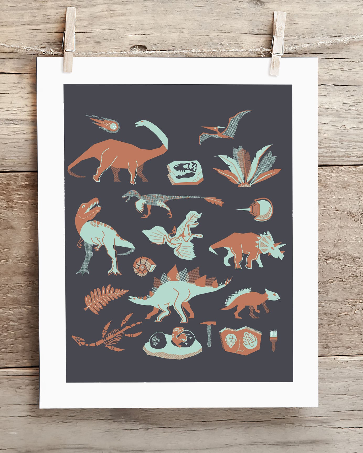 An Retro Dinosaurs Museum Print of dinosaurs and plants hanging on a clothesline by Cognitive Surplus.