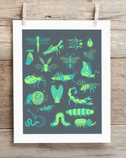 A Retro Insects Museum Print by Cognitive Surplus hanging on a clothesline.