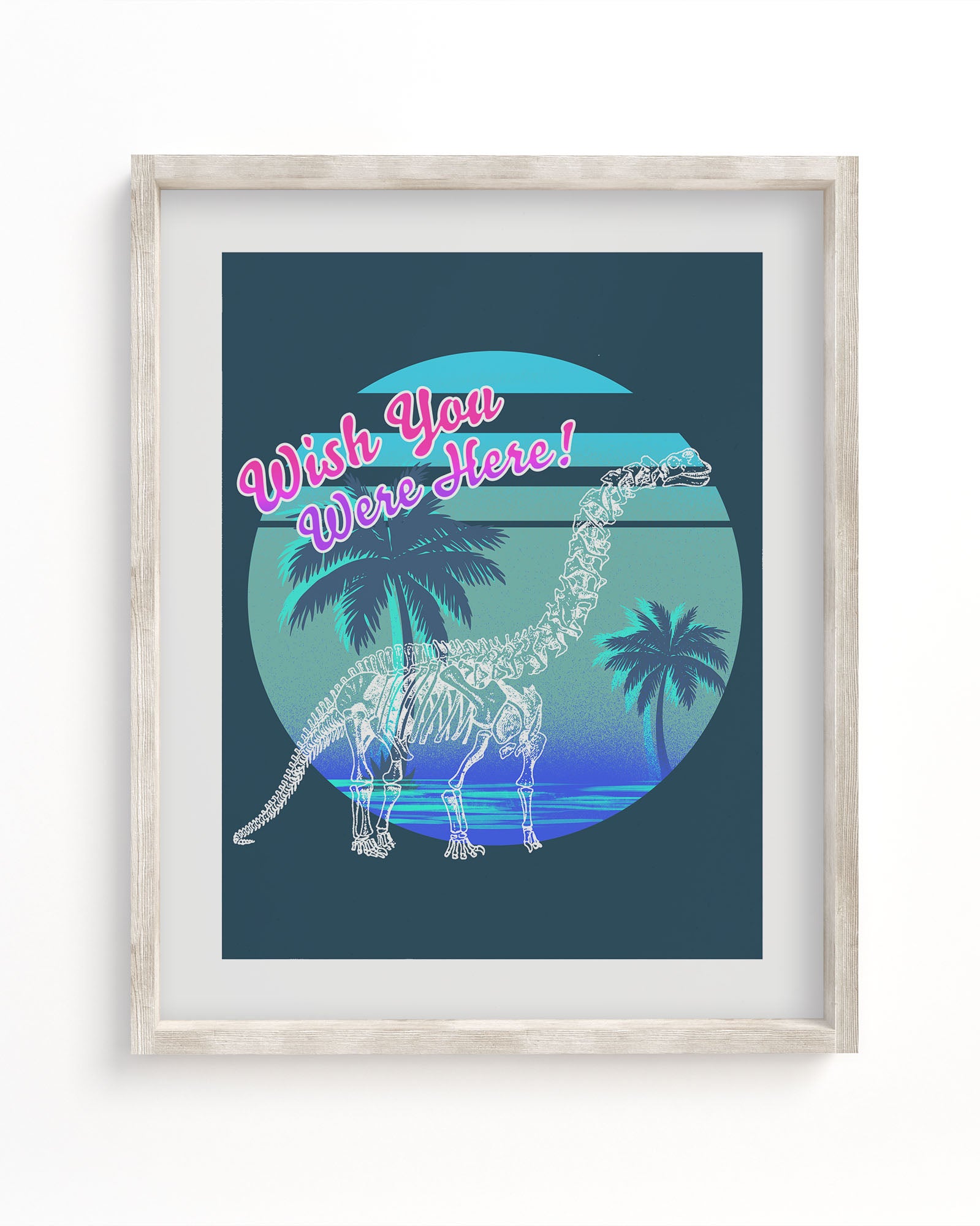 A Cognitive Surplus framed art print with Dino: Wish You Were Here! Museum Print, featuring a dinosaur and palm trees.