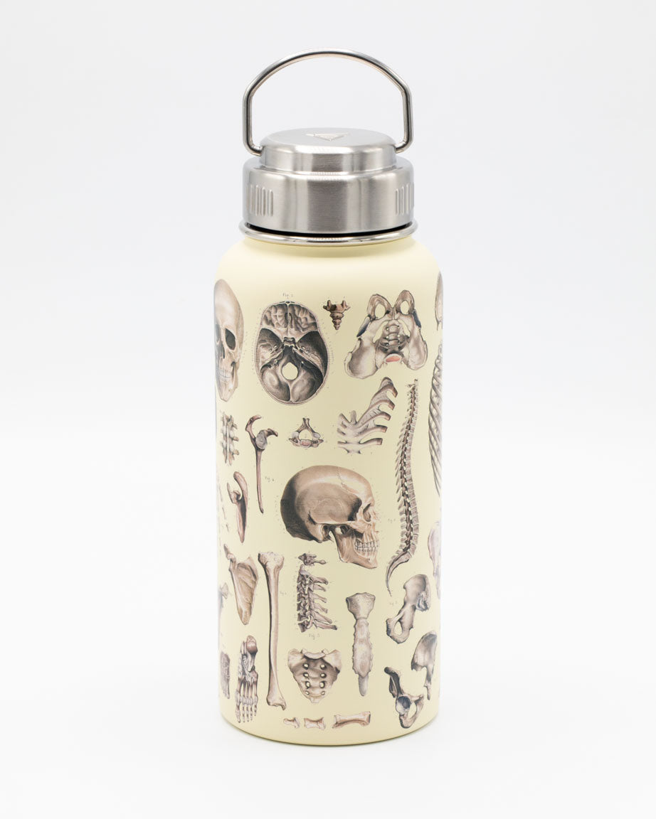 A Skeleton 32 oz Steel Bottle with skulls and bones on it by Cognitive Surplus.