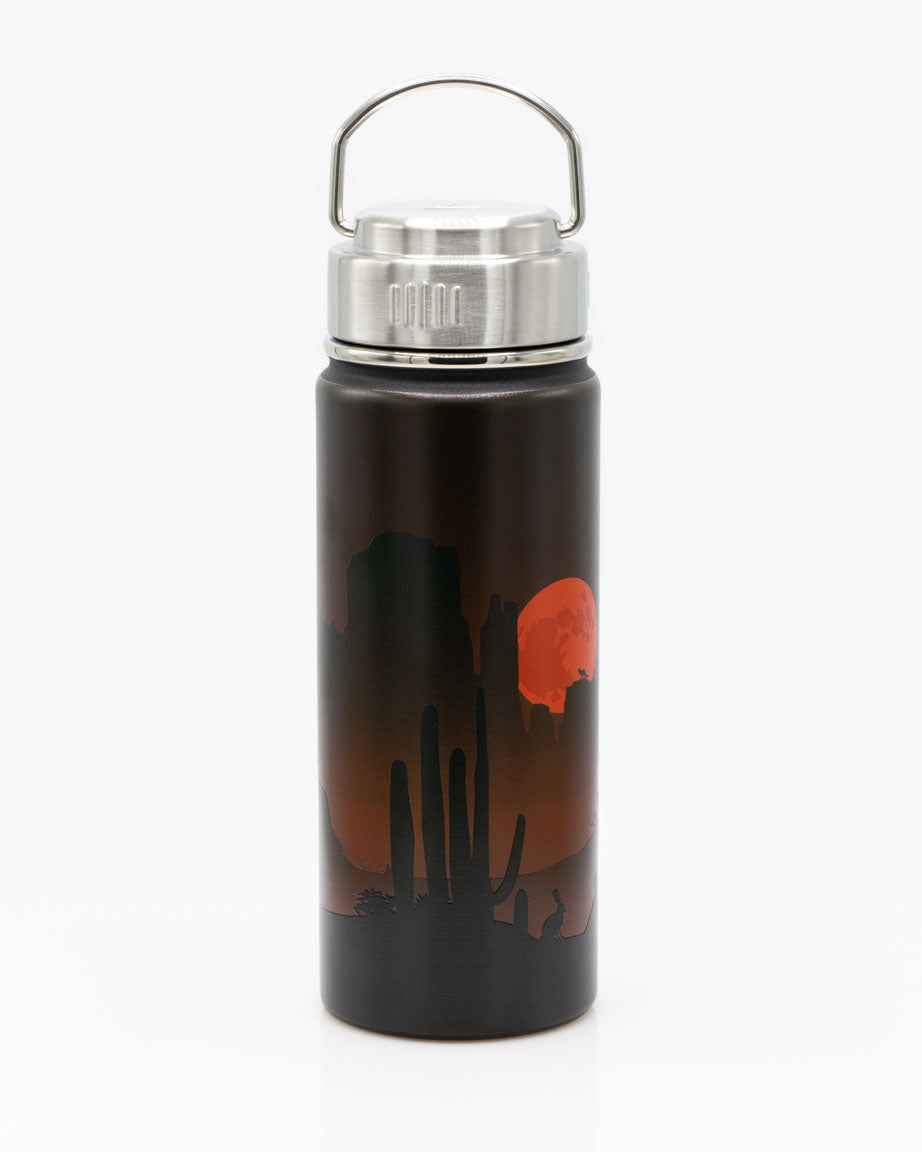 A Cognitive Surplus Desert Moon 18 oz Steel Bottle with a desert sunset and cactus.