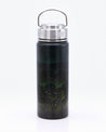 A black Firefly Meadow 18 oz Steel Bottle with an image of a firefly on it, made by Cognitive Surplus.