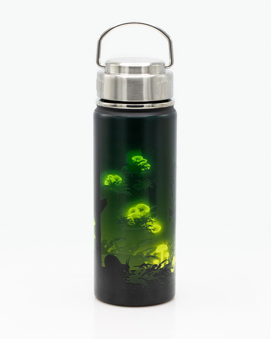 A Cognitive Surplus Bioluminescent Mushrooms 18 oz Steel Bottle with a green glow on it.