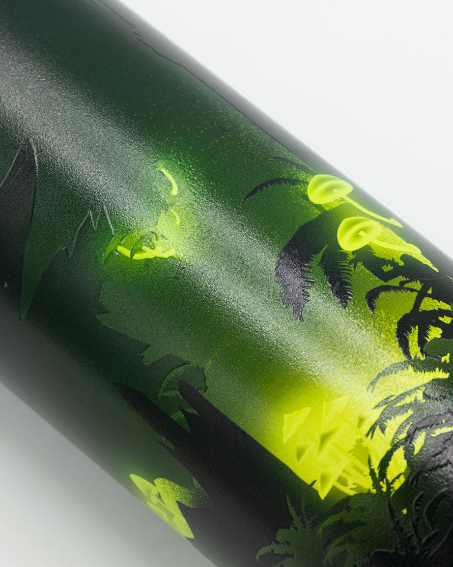 A Cognitive Surplus Bioluminescent Mushrooms 18 oz Steel Bottle with a green and yellow design on it.
