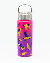 A pink and purple Retro Birds 18 oz Steel Bottle with birds on it by Cognitive Surplus.