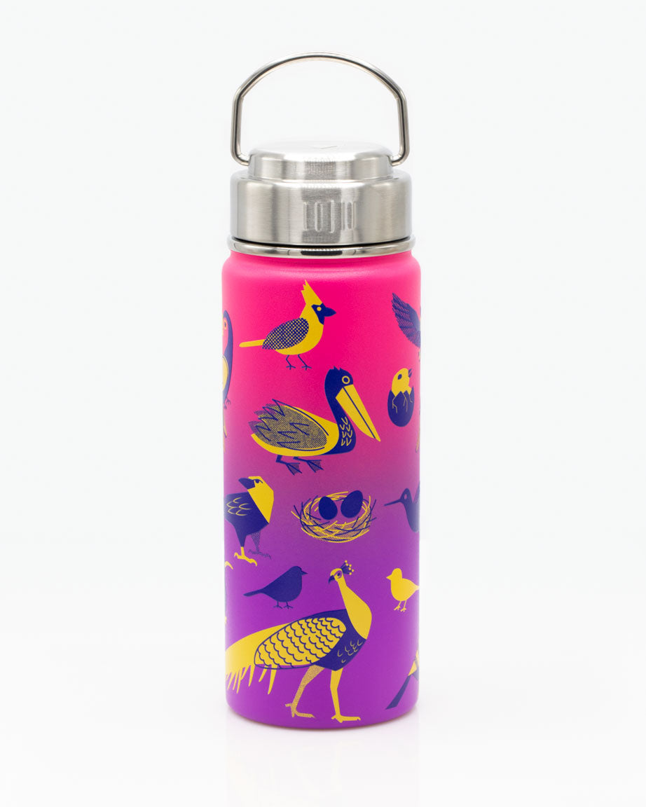 A pink and purple Retro Birds 18 oz Steel Bottle with birds on it from Cognitive Surplus.