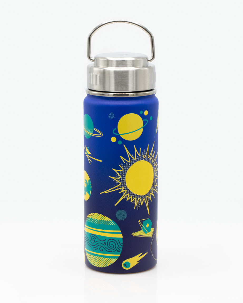 A Retro Space 18 oz Steel Bottle by Cognitive Surplus with a solar system design on it.