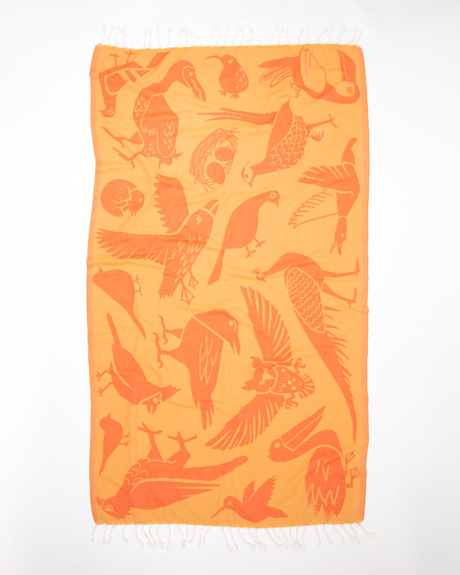 An orange Feathered Friends: Ornithology Turkish Towel with birds on it by Cognitive Surplus.