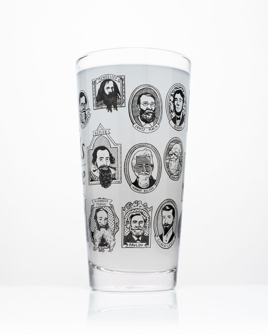 A SECONDS: Great Beards of Science Beer Glass (12 oz) with a group of people drawn on it.