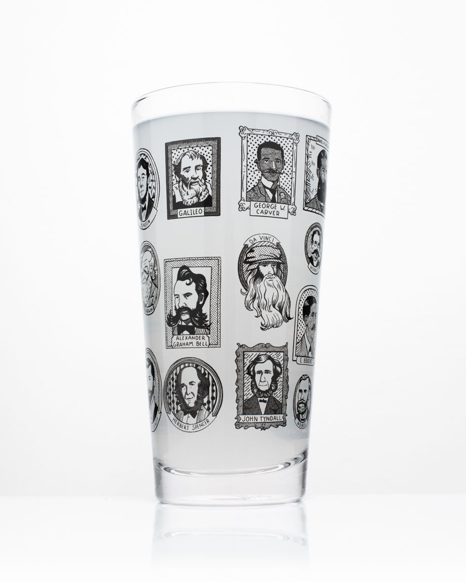 A Cognitive Surplus SECONDS: Great Beards of Science Beer Glass (12 oz) with images of people on it.