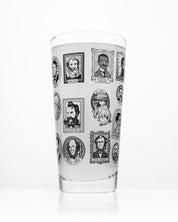 A Cognitive Surplus SECONDS: Great Beards of Science Beer Glass (12 oz) with images of people on it.