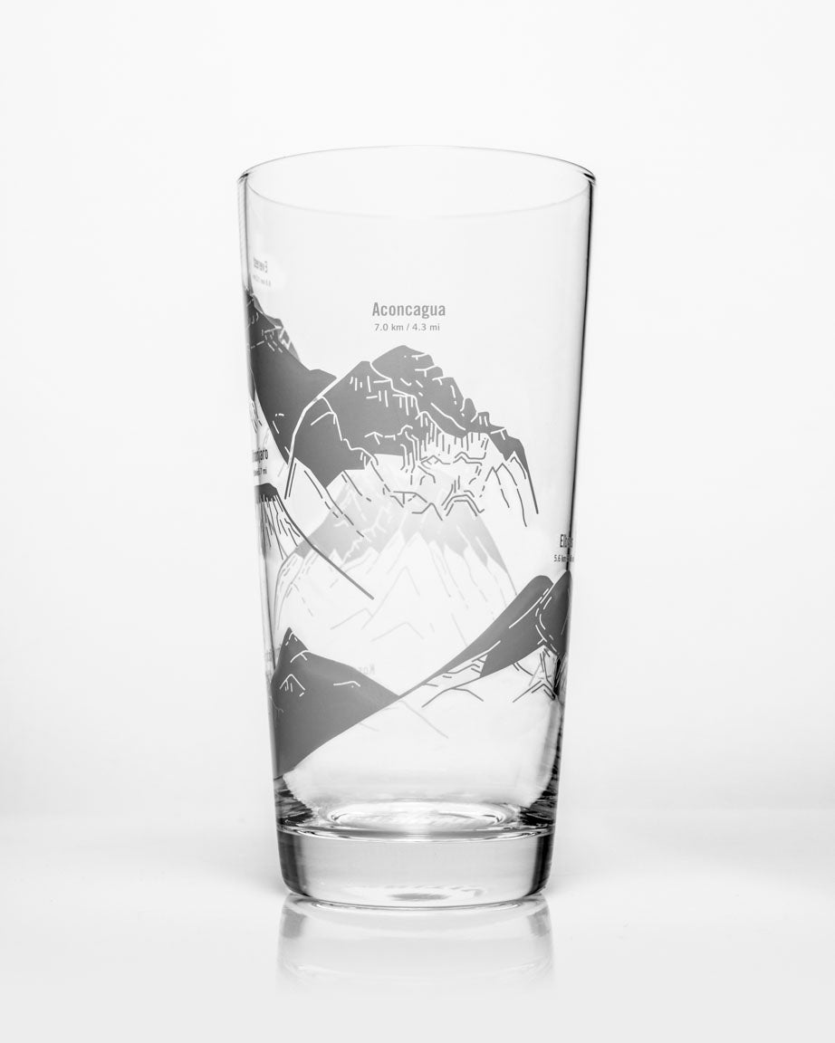 A Cognitive Surplus SECONDS: Mountain Peaks of the World Beer Glass (12 oz) with a mountain design on it.
