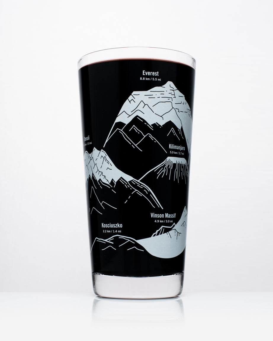 A SECONDS: Mountain Peaks of the World Beer Glass (12 oz) with a map of the mountains on it from Cognitive Surplus.
