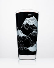 A SECONDS: Mountain Peaks of the World Beer Glass (12 oz) with a map of the mountains on it from Cognitive Surplus.